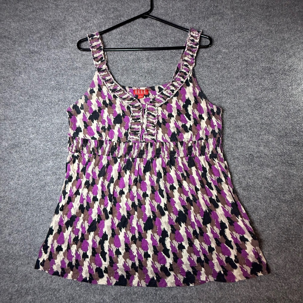 ELLE Womens Large Purple Abstract Print Smocked Empire Waist Ruffle Tank Top